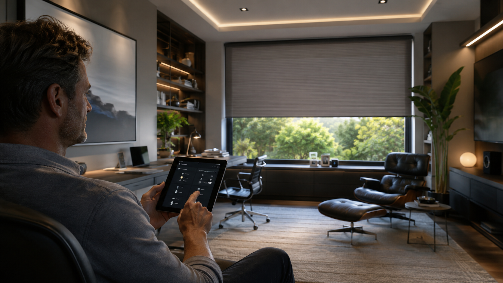 Homeowner using wall-mounted smart control panel in a renovated Garland living room