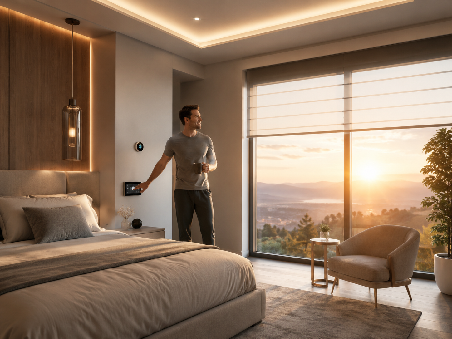 Homeowner using wall-mounted smart control panel in a renovated Garland living room