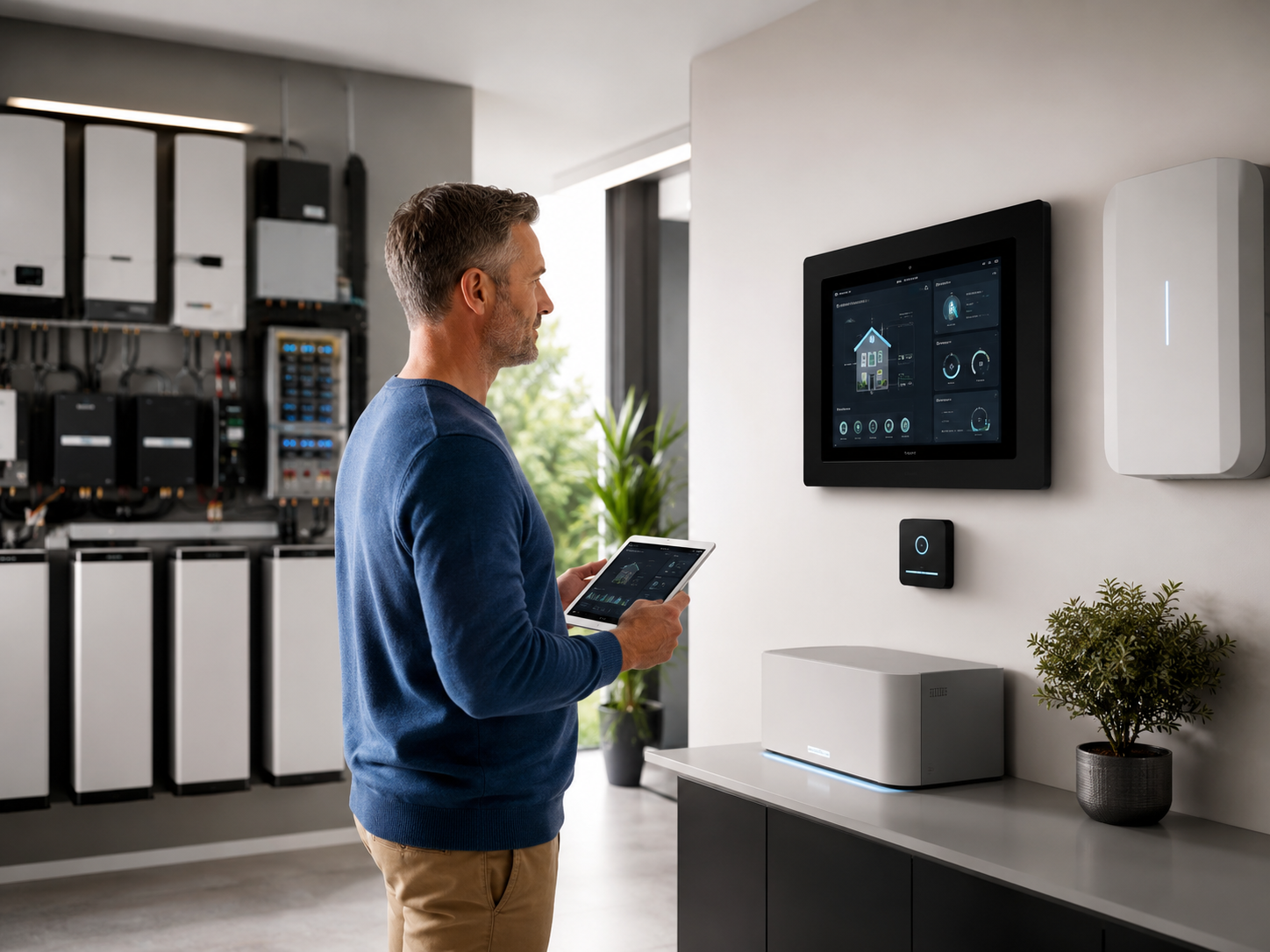 Technician configuring smart lighting and climate controls in a busy family home