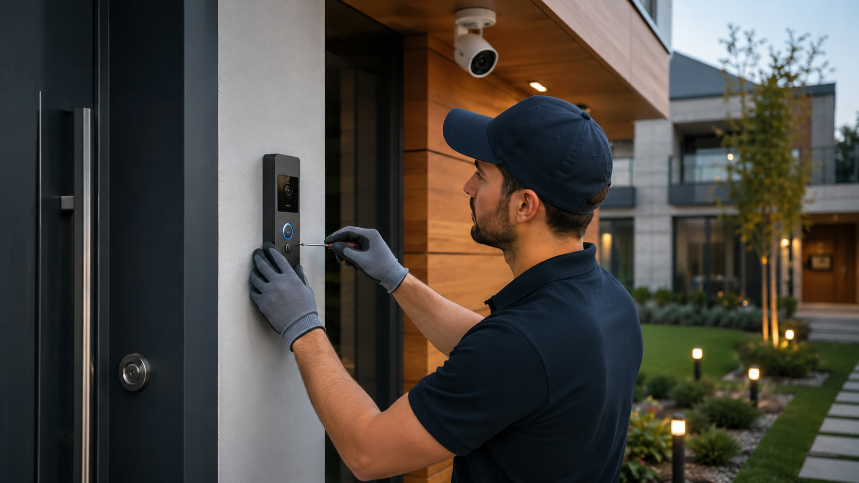 Installer programming smart lighting scenes and security settings in a newly finished Collin County home