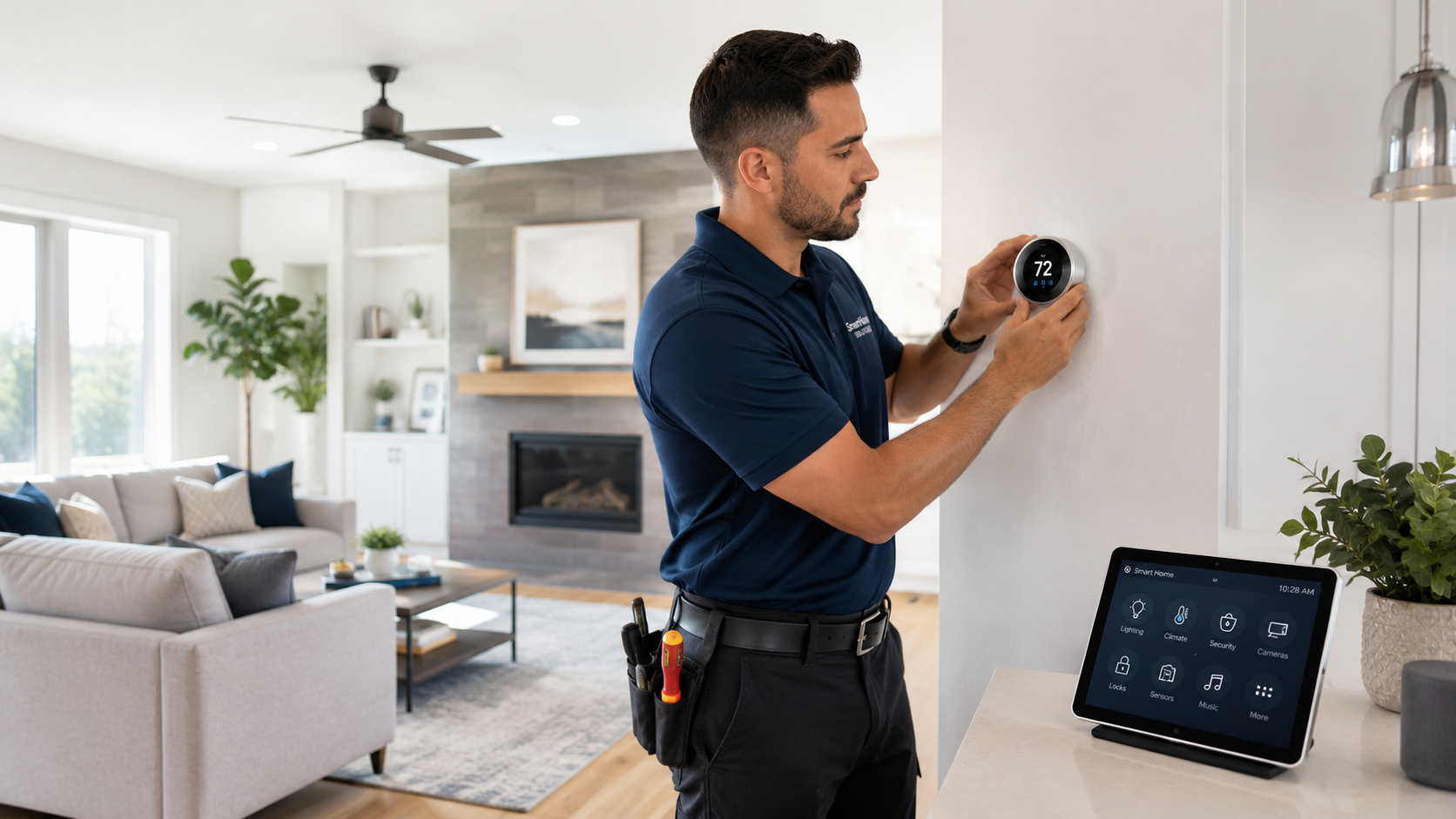 Technician reviewing integrated smart home settings and network stability across multiple connected household systems