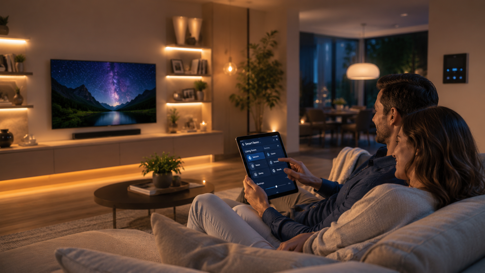 Technician configuring smart thermostat, lighting, and entry controls in a busy family home