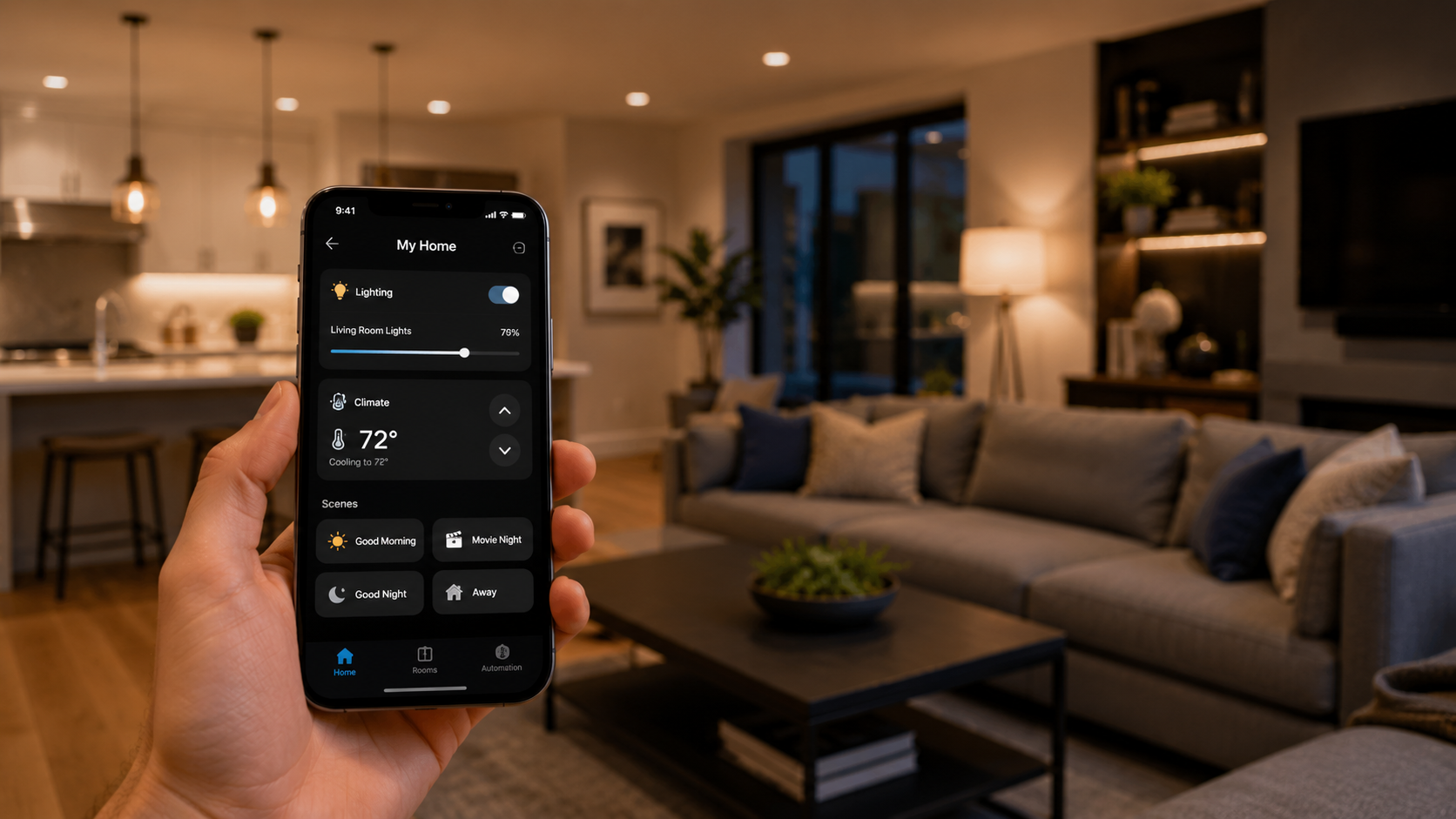 Home automation specialist testing integrated lighting, security, and climate controls with diagnostic tablet