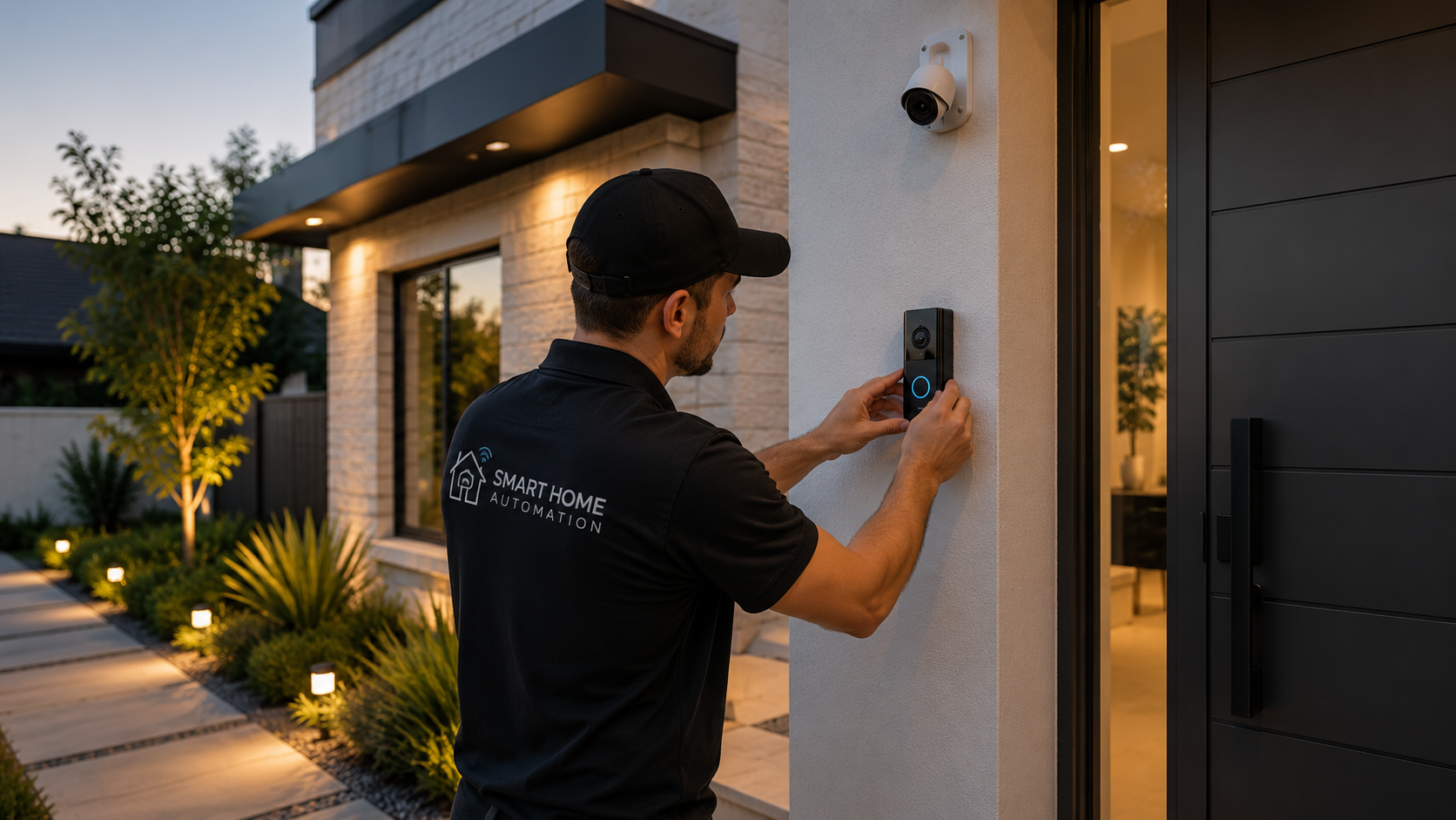 Technician programming lighting scenes and smart shades in a modern open-concept living room